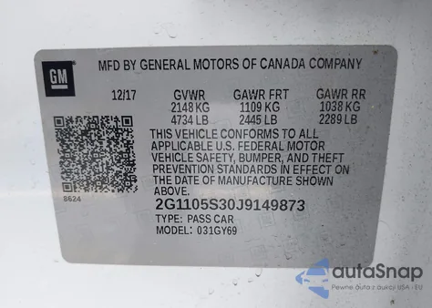 2018 Chevrolet Impala 1Lt z USA, uszkodzony, nr VIN 2G1105S30J9149873